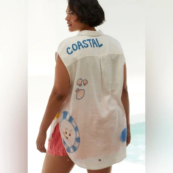 The Bennet Buttondown Shirt by Maeve: Printed Linen Muscle Tank Edition - Picture 3 of 7